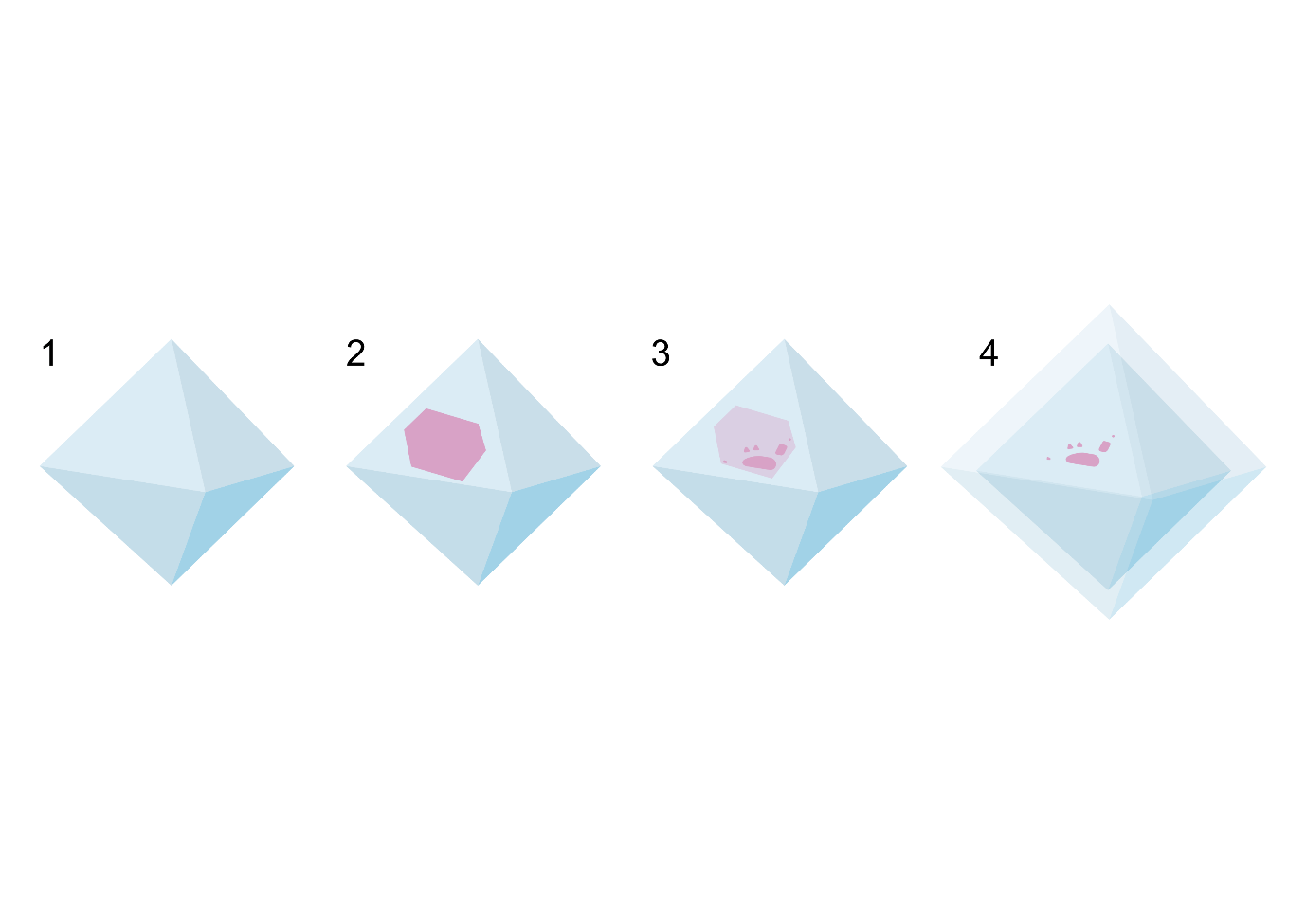 Growth model for the diamond-olivine sample showing four stages of syngenetic growth