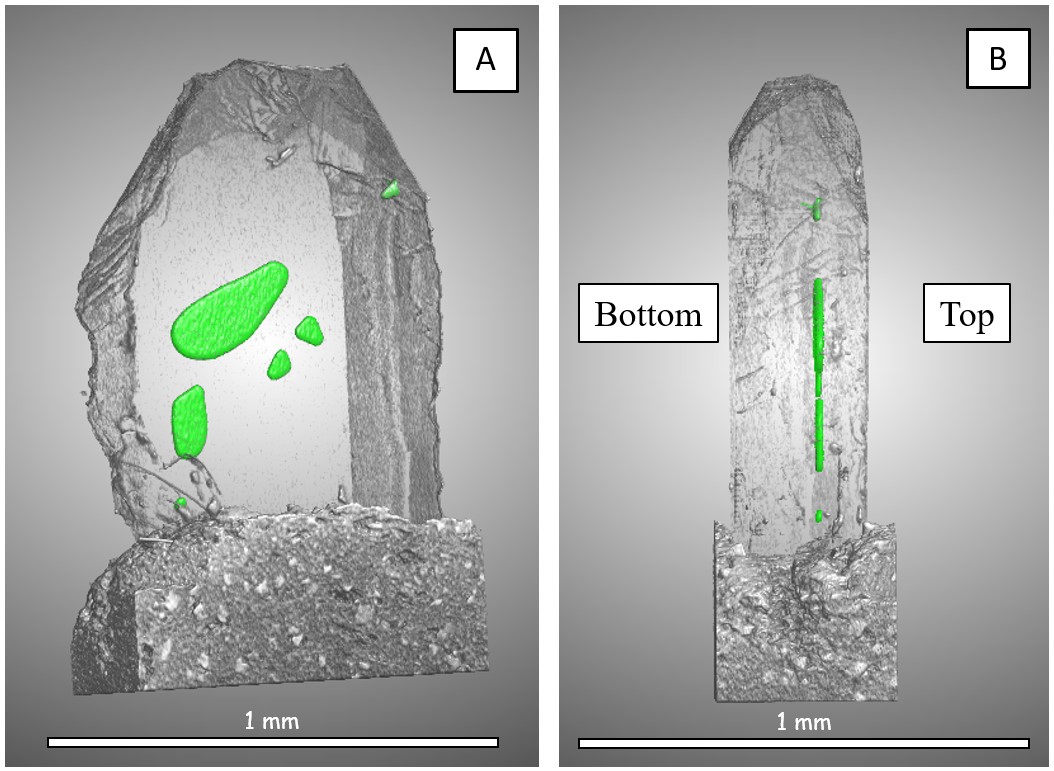 Micro-CT scan of a double-polished diamond fragment showing six olivine inclusions highlighted in green