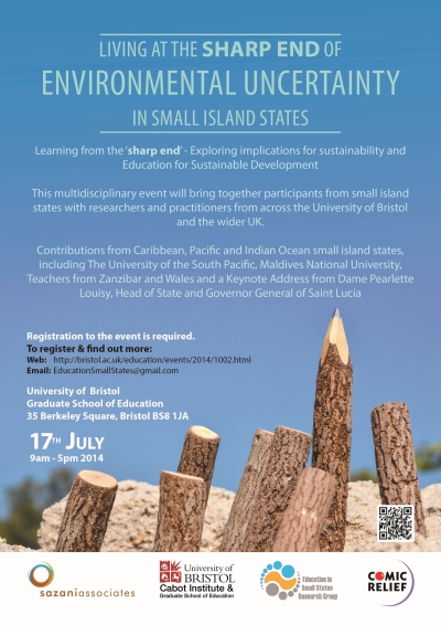 Publicity Poster (small image) of the 17 July 2014 Day Conference Living at the Sharp End of Environmental Uncertainty in Small Island States