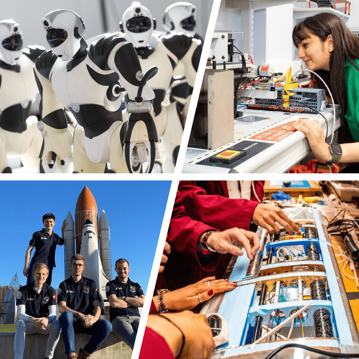 Four part image: group of robot people; student in lab; students with rocket; hands using engineering equipment