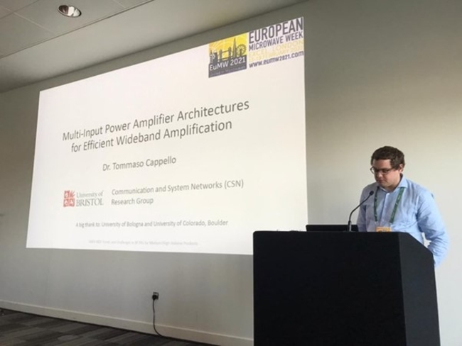 Dr Tommaso Cappello presenting at a workshop on spectrum and power efficient RF amplified technology.