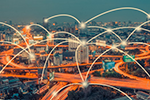 Graphic representation of town with network light arcs