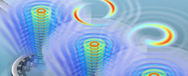 Row of optical vortices, stacks of colourful concentric light discs forming cylinder shapes 