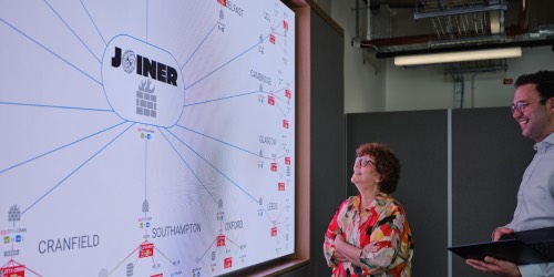 JOINER video wall with people looking at it