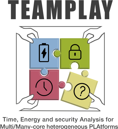 'Teamplay' title. Four piece jigsaw graphic with hands holding each piece. Pieces depict a battery, padlock, clock and question mark. 'Time, Energy and security Analysis for Multi/Many-core heterogeneous PLAtforms' written below.