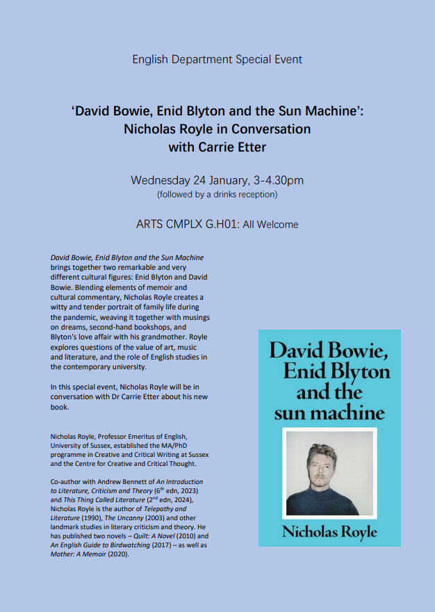 Poster for Nicholas Royle's talk on his new book on David Bowie. 
