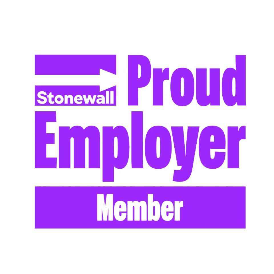 Purple Logo on a white background reading: Stonewall Proud Employer Member