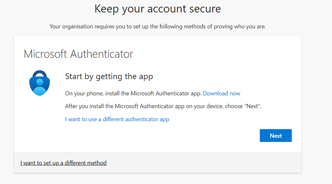 MFA set up screen reading "Microsoft Authenticator. Start by getting the app"