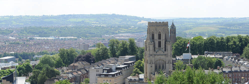 Landscape slider image of the Wills Memorial Building and wider Bristol backdrop
