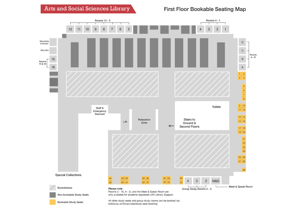 A map showing bookable study spaces on the first floor of ASSL