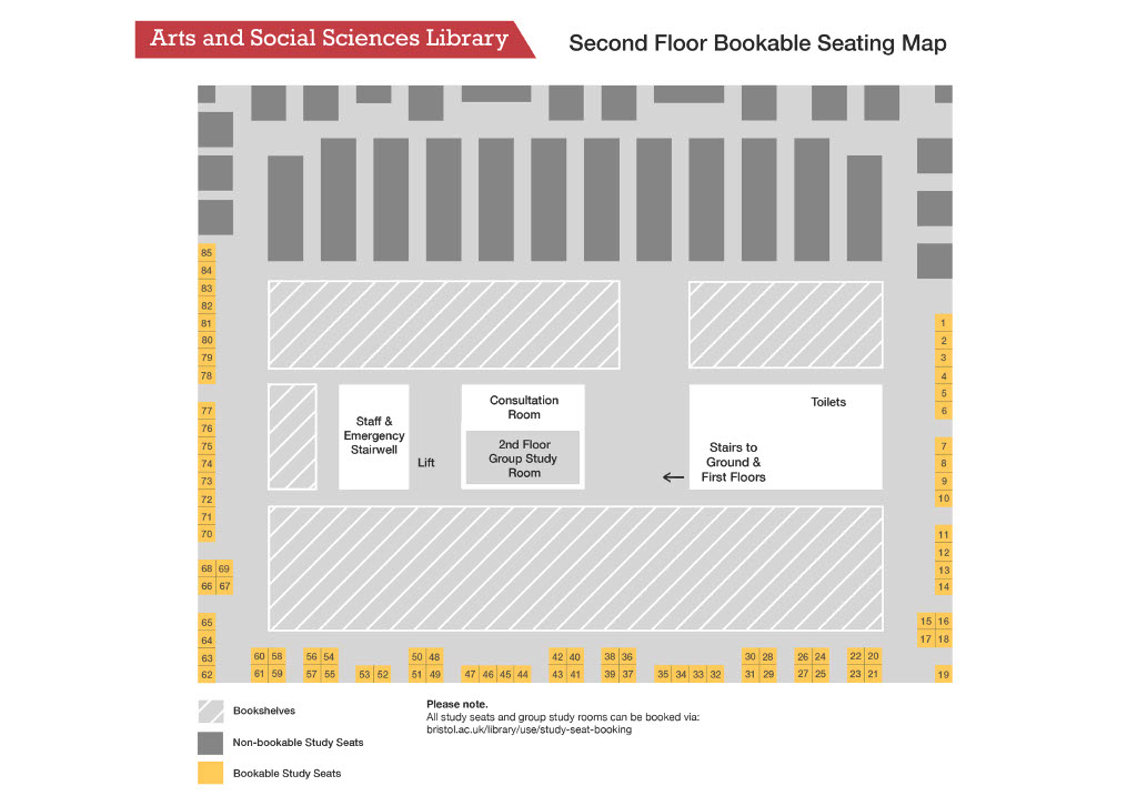 A map showing bookable study spaces on the second floor of ASSL