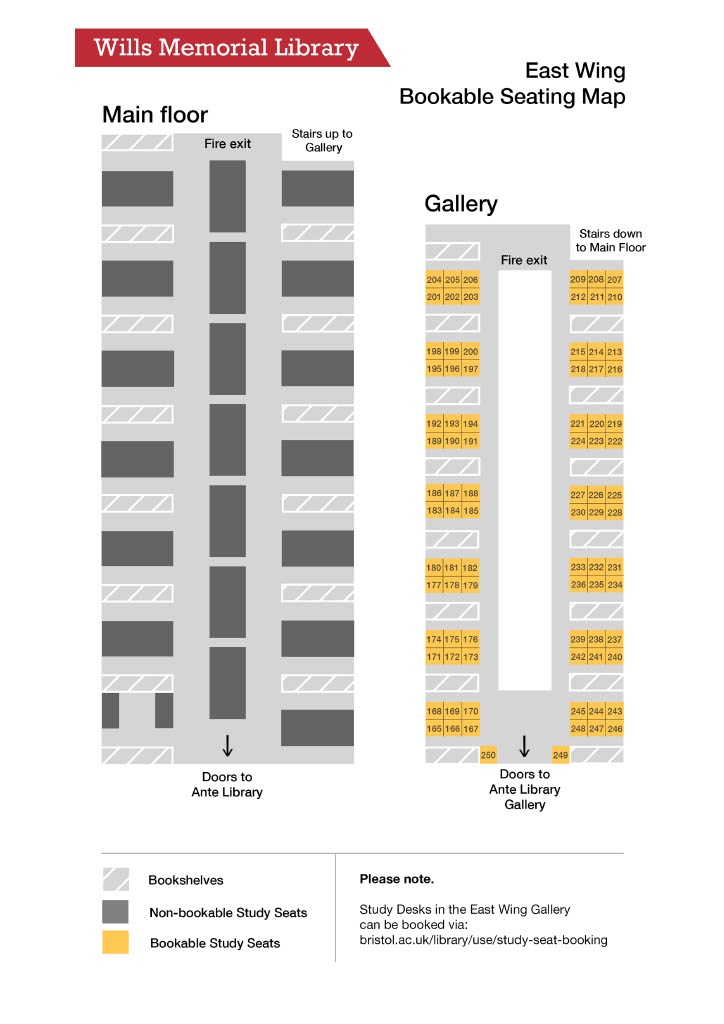 A map showing bookable study spaces in the Wills east wing