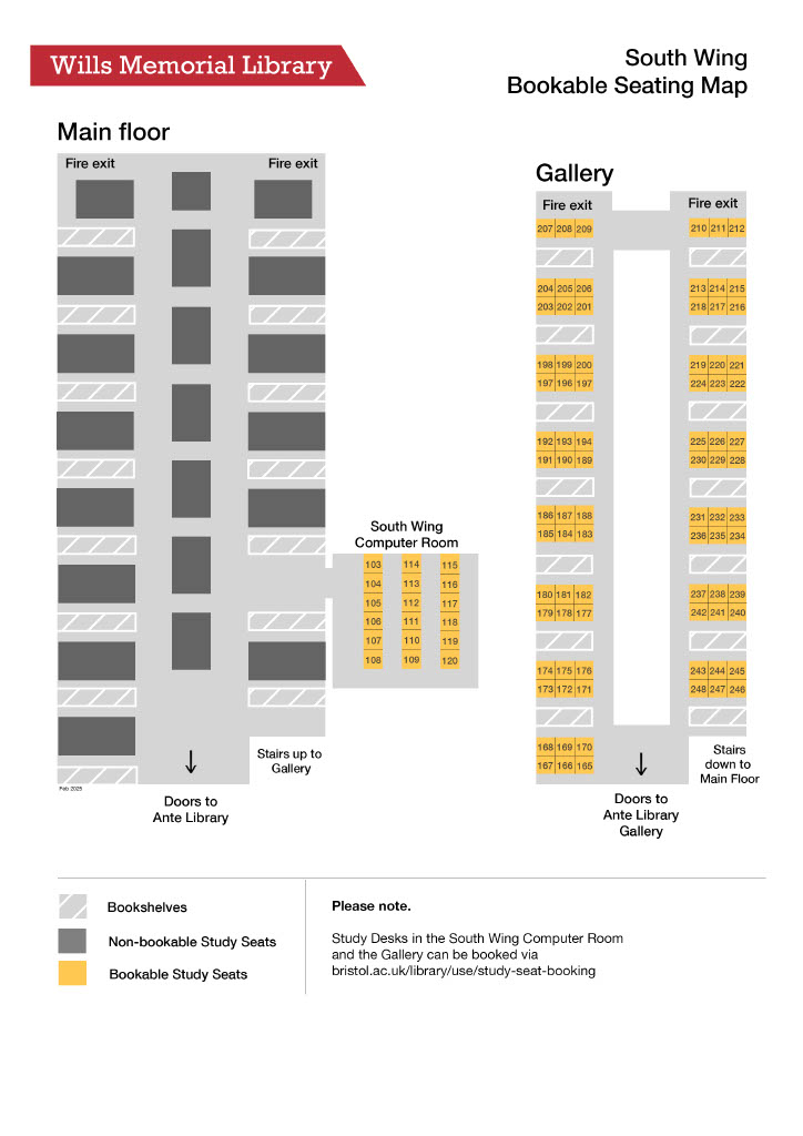 A map showing bookable study spaces in the Wills south wing