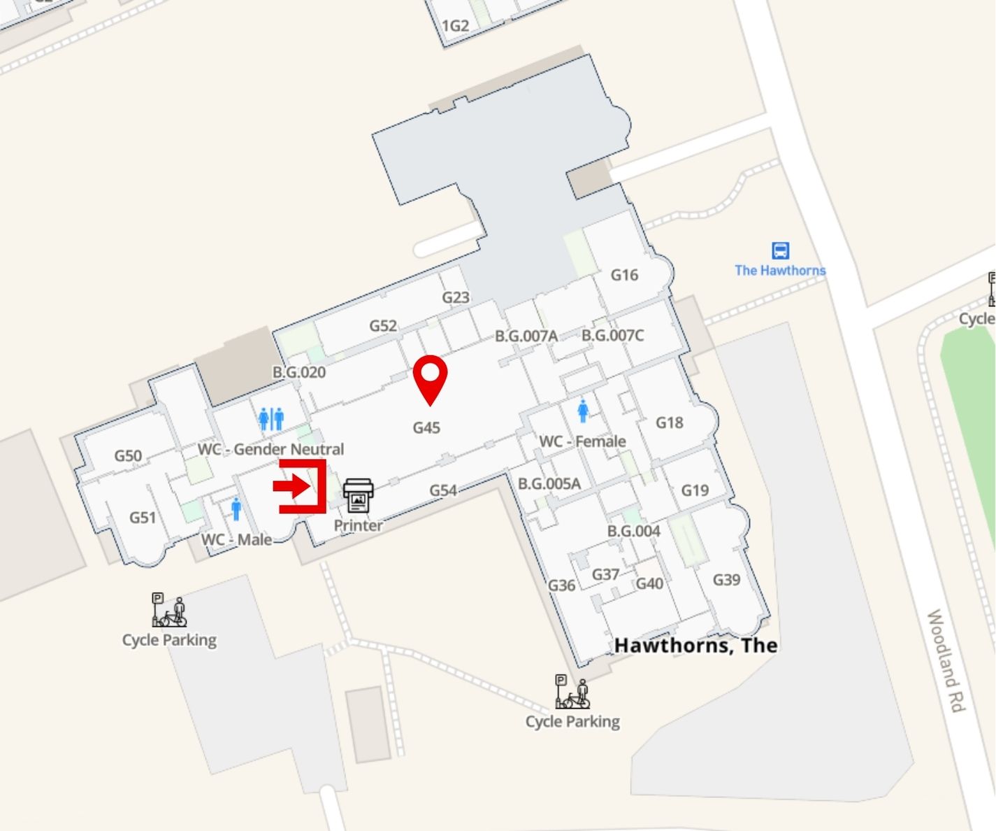 A floor plan of the Hawthorns with G45 marked and the entrance labelled