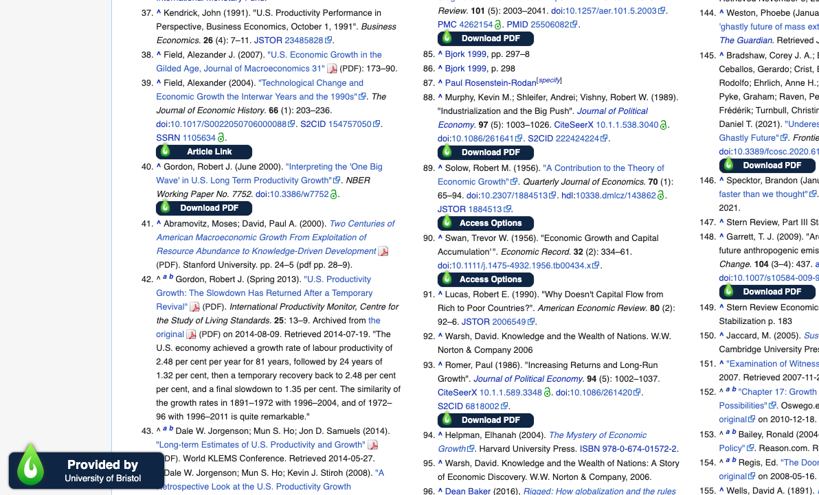 Shows a page of references for a Wikipedia entry, some of the references have the green flame and "article link" or "article options"