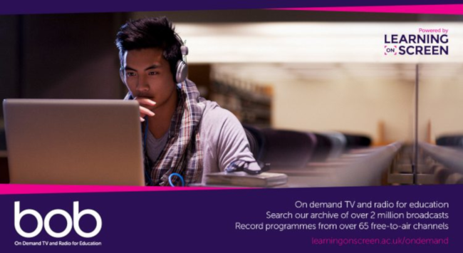 Image of person with a laptop and words 'bob: on demand TV and radio for education'