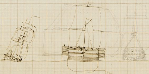 Sketch showing three views of a ship (The Great Eastern).