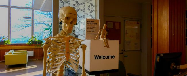 Entrance to the medical library. A skeleton that students can borrow stands next to an illuminated sign that says 