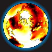 The predicted temperature increase at the end of the century, caused by a doubling of current CO2 levels. White = 2 degrees C (or less) to black = 8 degrees C (or more).