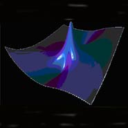 A figure showing a calculated Peregrine soliton upon a distorted background. This illustrates how such extreme wave structures may appear as they emerge suddenly on an irregular surface such as the open ocean. The destructive power of such a steep nonlinear wave on the ocean can be easily imagined.