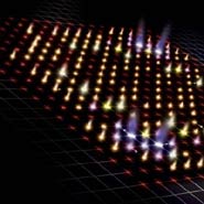 A graphic representation of the two-photon quantum walk. This unique behavior simulates the quantum walks in more complex spaces. The size, color and intensity of the points corresponds to the likelihood of the two photons appearing each location. The two areas of increased probability is a hallmark of quantum behavior.