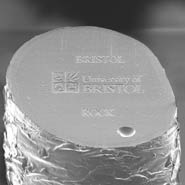 The University logo etched on to a piece of human hair after it was cross sectioned.