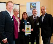 Left to right: Ben Seymour, Shelley Barratt, Linda James and Fred Quinn, with George Alagiah