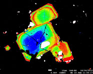 False colour image of zoned orthopyroxene crystal used in forensic-style analysis of Mount St Helens 1980 eruption