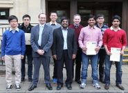 Scholarship winners (l-r): Samuel Lai, Ngoc Minh Nguyen, Professor Andy Nix (Head of Electrical & Electronic Engineering), Pengchuan Wang, Professor Nishan Canagarajah (Dean of Engineering), Dr Adam Crewe (Head of Civil Engineering), Sheik Abdul Malik, Lionel Goh and Ashutosh Rai.