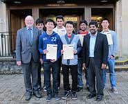Professor David Clarke (Deputy Vice-Chancellor); Shivam Chauhan, Chung Sing Yuen, Gurashish Singh, Yiheng Chen, Ambuj Agrawal, Professor Nishan Canagarajah (Dean of Engineering), Brian Li Kam Wah