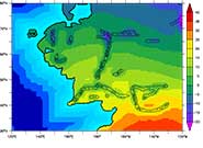 Model-predicted annual-average temperature (units of degrees Centigrade)