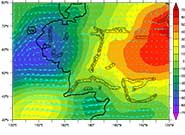 Model-predicted winds (shown as blue arrows) and mid-atmosphere pressure (‘geopotential height’ at 500 mbar, geopotential height in units of metres)