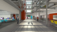 A computer-generated image of the atrium inside the new Life Sciences building