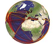 The risk of marine bio-invasion caused by global shipping around the world. The brighter colour and thicker line indicates a higher bio-invasion risk