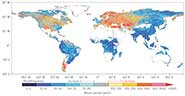 Projected change in flood frequency. Return period (years) in 21C for river discharge corresponding to the 20C 100-year flood is shown.