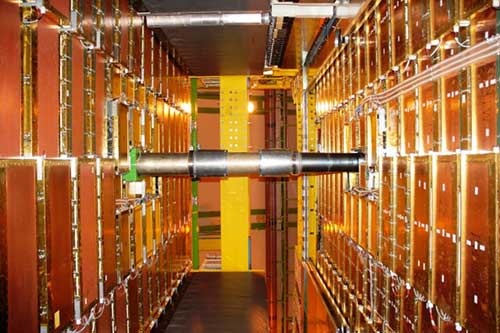 Image showing the view from the floor of the two walls M1 and M2 of the LHCb Muon detector