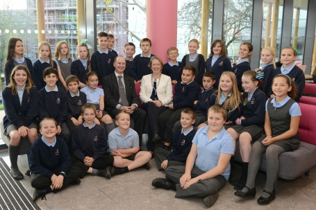Dr Lucy Boulthard and Professor Andy Nix, Dean of Engineering at the University of Bristol with pupils from Bridgewater College Academy (year 6)
