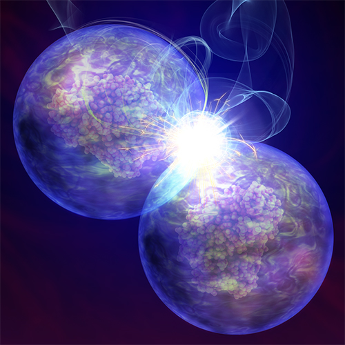 An artist’s impression of Stem Cell Welding. The cell membrane-bound enzymes catalyse a hydrogelation event, which fuses two stem cells together. 

