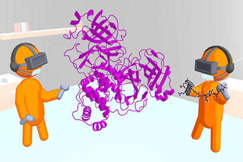 A cartoon showing iMD-VR being used to model how a viral protein binds to the SARS-CoV-2 main protease