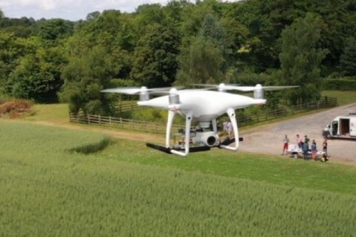 Aerial view of a drone over crop field.