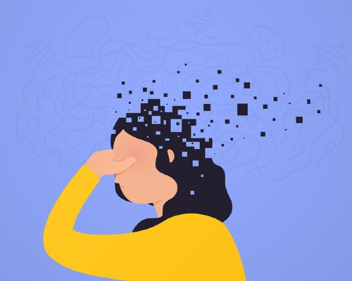 Generic illustration of a woman holding her head to illustrate memory problems and brain fog.
