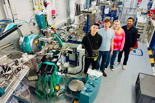 The research team (left to right) Harry Forrester, Dr James Byrne, Katie O'Neill and Dr Jagannath Biswakarma at XMaS in ESRF, Grenoble in France.