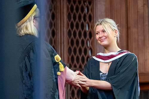 Dr Tilly Gardener with Professor Evelyn Welch,Vice-Chancellor and President at the University of Bristol, at her degree ceremony
