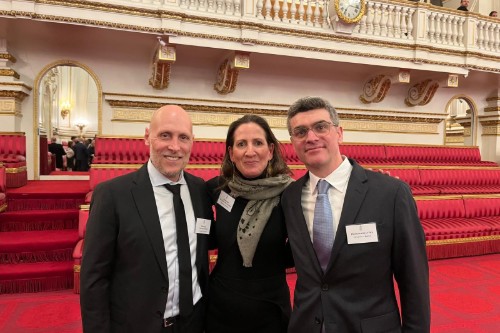 Image shows (left to right) Prof Michael Singer, Prof Katerina Michaelides and Dr Sean Fox at Buckingham Palace
