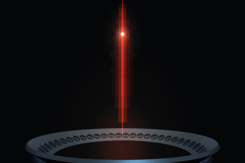 Illustration of a particle held above a ring of ultrasonic transducers by a Bessel beam