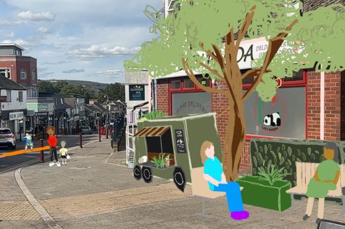 An image of a high street with the overlay of how the street could look in the future