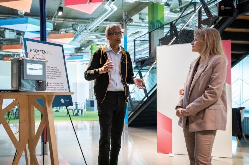 Professor Awais Rashid, co-founder of Hacktonics, meeting with Baroness Liz Lloyd, Minister for the Digital Economy and Cyber Security