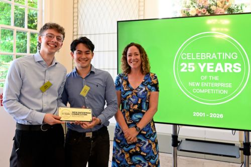 Photo of students Matt Stewart and Lukas Chow from Novi with Professor Michele Barbour