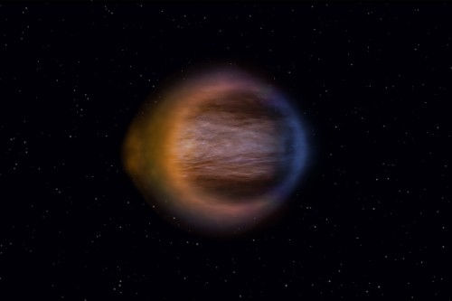 Ilustração artística de WASP-17 b com sua atmosfera estendida e assimétrica.