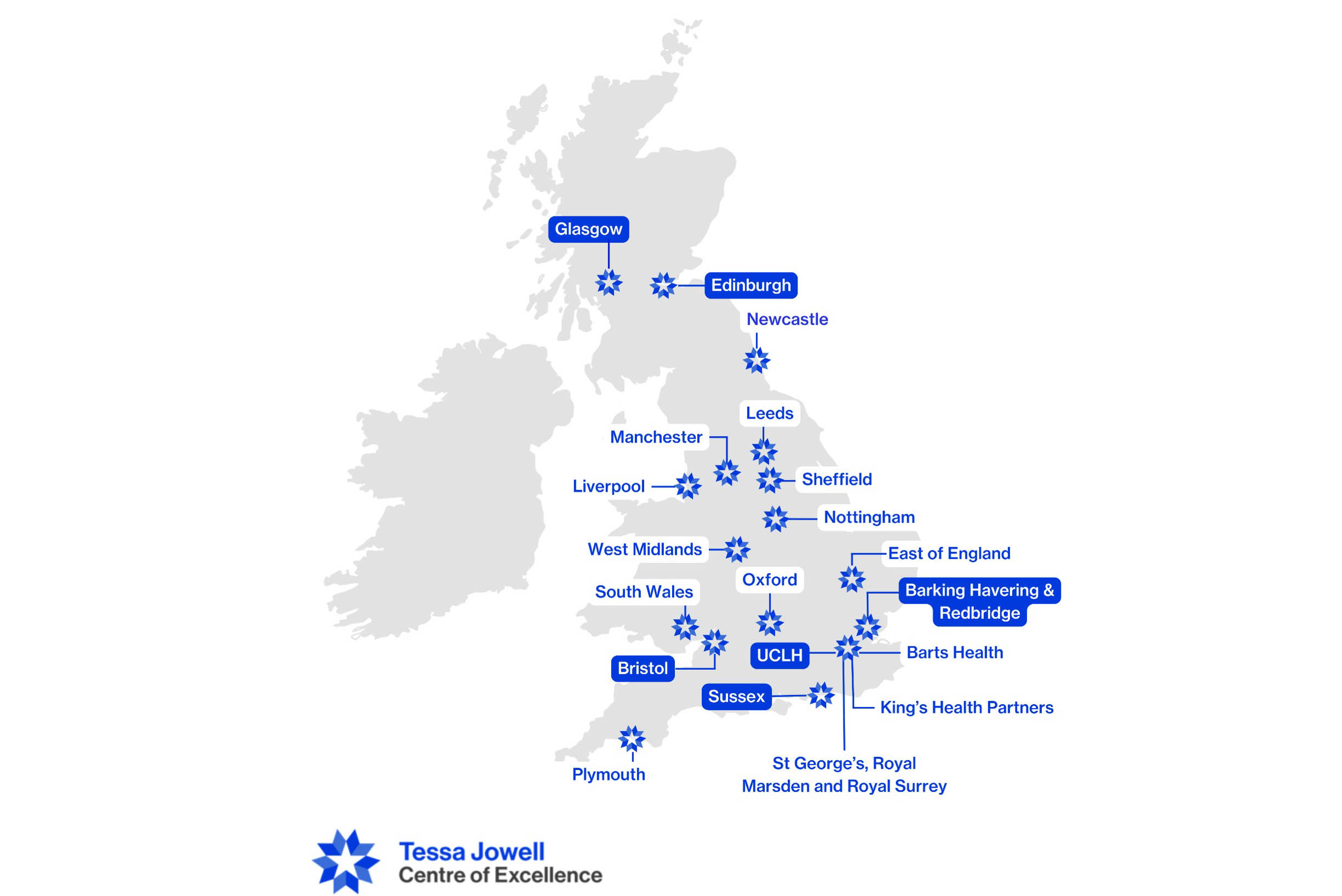 Map of the Tessa Jowell Centres of Excellence, highlighting those newly designated